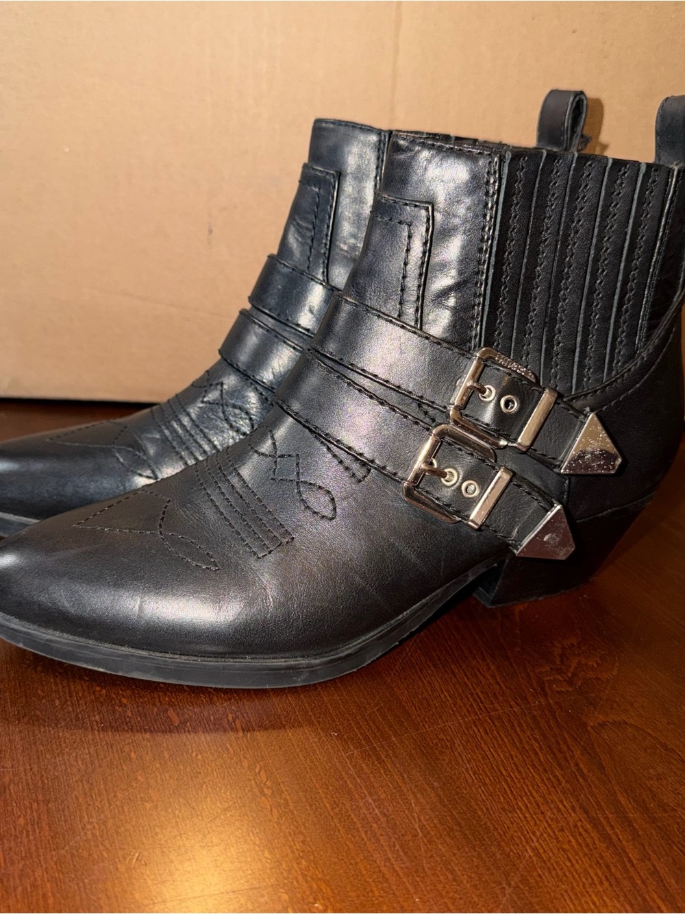 GUESS Black Western Moto Double Buckle Ankle Boots Size 7M